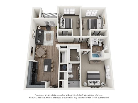 Floor plan for 3 beds, 2 baths, 1309 sqft
